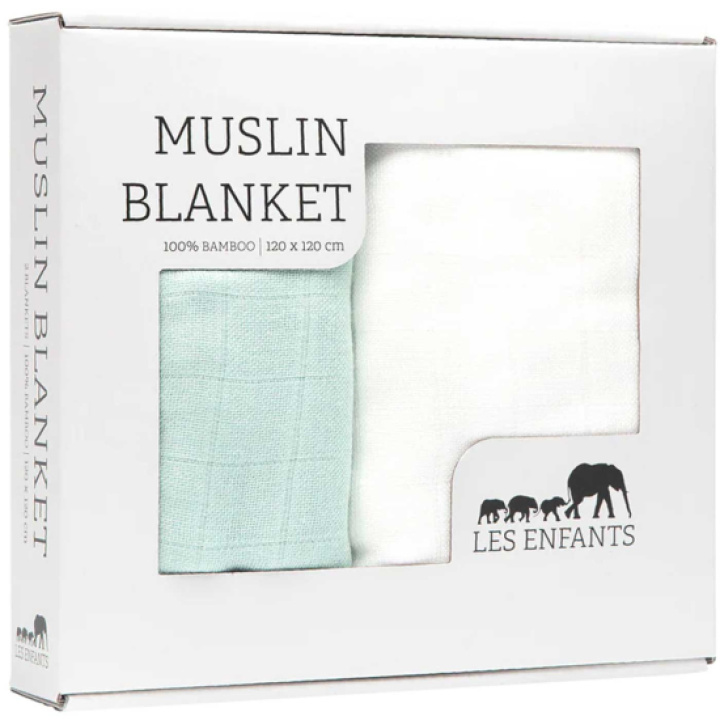 Les Enfants Muslinfilt 2-pack Grön/Vit i gruppen Babytillbehör / Filtar & snuttefiltar / Muslinfiltar hos Köpbarnvagn (LEEN01-0105)